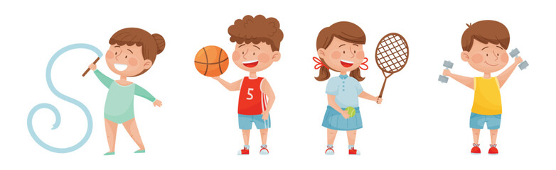 Happy Children Characters Playing Sport Game Vector Set