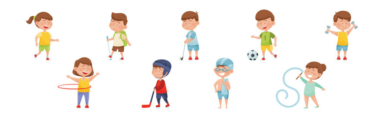 Happy Children Characters Playing Sport Game Vector Set