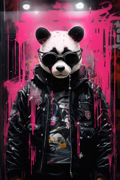 Panda Meets Pink: Stylish Bear in Jacket Posing Before Graffiti Masterpiece