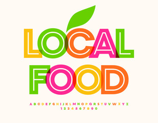 Vector watercolor sign Local Food. Unique Bright Font. Creative Alphabet Letters and Numbers set