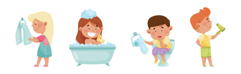 Kid Characters in the Bathroom Washing and Grooming Vector Set - obrazy, fototapety, plakaty