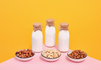 Concept of healthy lifestyle. Tasty milk and useful nuts.