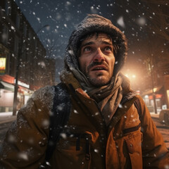 Obraz premium scared man well wrapped up falling snow