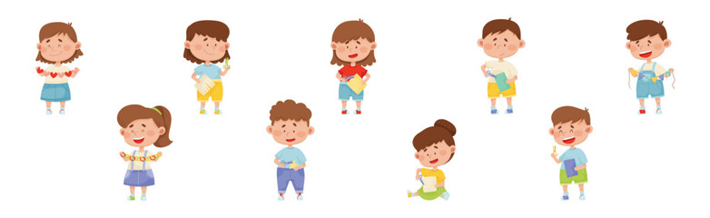 Happy Kid Characters Make Paper Applique Vector Set