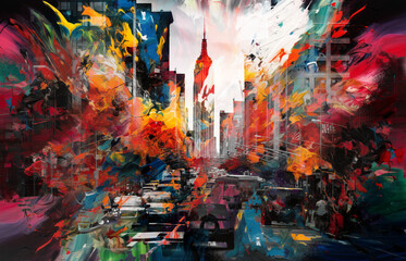 Abstract colourful noisy painting of New York City with busy street and tall buildings, vibrant...