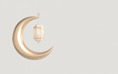 Golden lantern and crescent moon on white background for muslim holiday Ramadan Kareem. Traditional religious islamic symbol