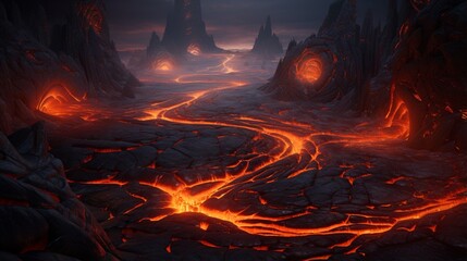 a volcanic landscape, with molten lava flowing from a volcano's crater and forming intricate patterns of cooling rock