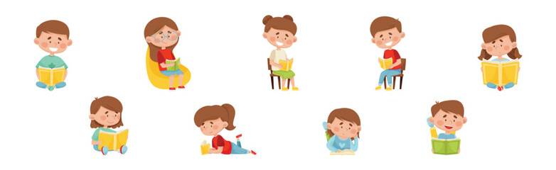 Children Characters Reading Book as Literature Fans Vector Set