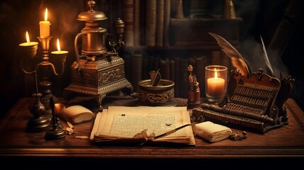 Fototapeta na wymiar an antique writing desk with an ornate inkwell, quill pen, and parchment paper, reminiscent of classic literature