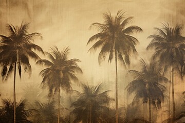 Tropical palm trees against a dirt background, reminiscent of vintage wallpaper in a rain forest. Generative AI - obrazy, fototapety, plakaty