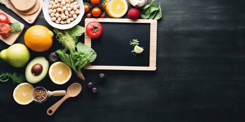 Lunch time letter board and  healthy food flat lay, Generative AI 