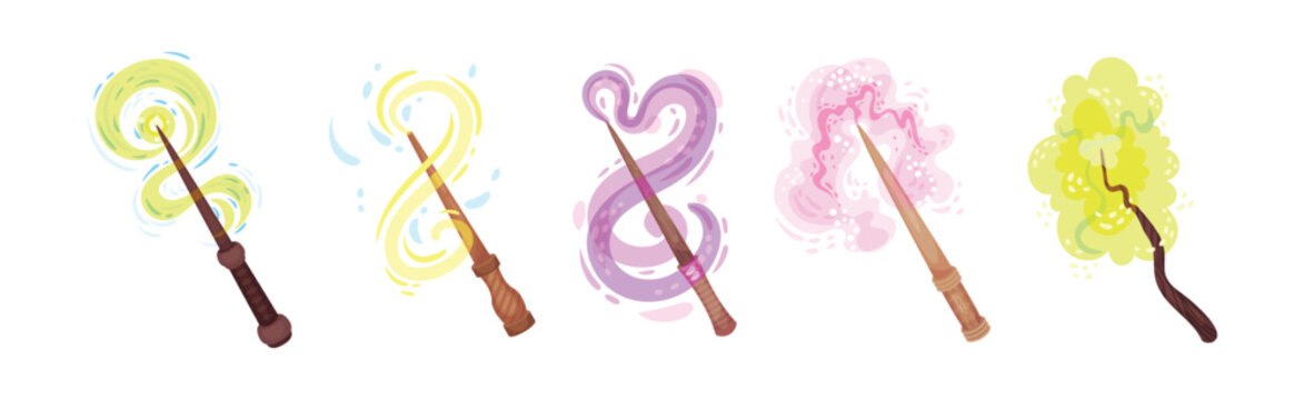 Magic Wands with Fairy Dust and Glow Swirling Around Vector Set