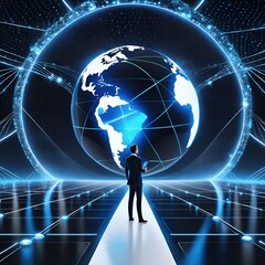 Captivating AI artwork: Blue Earth hologram in a vast black cosmos, symbolizing global business connectivity & collaboration through advanced technology. Explore the future of worldwide networking.