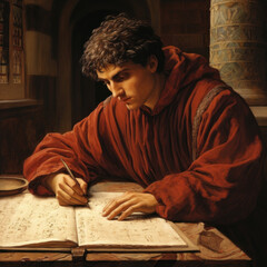 Fototapeta na wymiar young Gregorian man writing in books in the library with good lighting in high definition