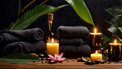 Towel, lotus flower, cosmetic oil, candle black stones leaves