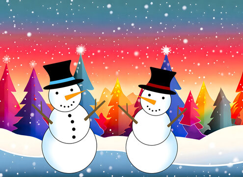 2 snowmen in winter wonderland, Christmas, abstract illustration,