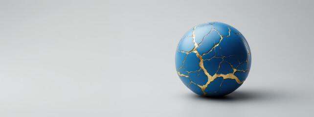 Resilient Planet Earth: Blue Ceramic Sphere with Intricate Gilded Fault Lines, Representing Kintsugi Art