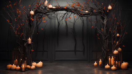 Decorative frames for Halloween events with an arch of black branches and decorated with small lights, pumpkins, bats, bones... Decorative and creative elements for Halloween. Halloween decorative arc