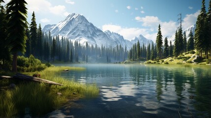Fototapeta na wymiar a tranquil mountain lake surrounded by pine trees. 