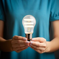 Energy saving lamp in woman's hand. Energy saving concept, Generative AI