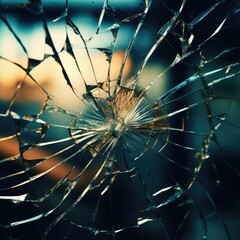 broken glass on the background of the sun and the city