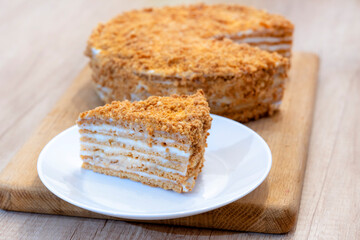 Honey cake. classic honey cake . Slit and Slice of Cake.
