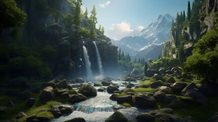 Naklejka na ściany i meble an image of a cascading waterfall amidst a lush mountain forest. 