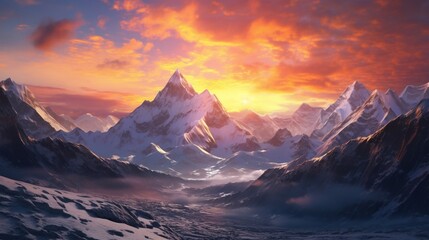 Frame a mountain landscape during a vibrant sunrise, with the first light kissing the peaks. 