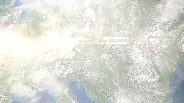 Earth zoom in from space and focus on Znojmo, Czech Republic. 3D Animation. Background for travel intro.