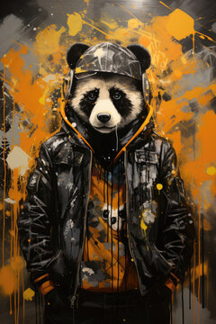 Stylish panda bear in a jacket posing against a graffiti wall adorned with yellow and gold spray spots.