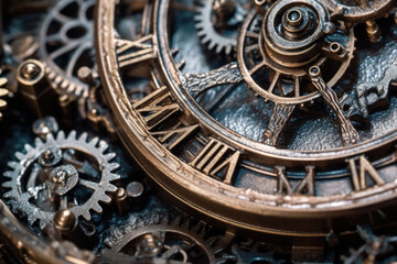 Fototapeta na wymiar Gears and cogs mechanism. Clockwork of a watch with jewels Industrial machinery. Generative AI