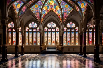 Imposing palace adorned with vibrant stained windows. Generative AI