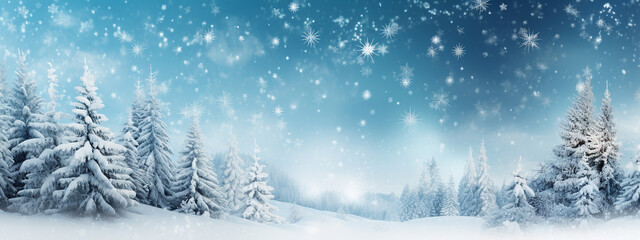 Christmas winter landscape background. Snow forest. Copy space. Illustration for web, poster, banner