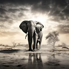 Rolgordijnen Majestic royal elephant against a stunning African sunset, captured in dramatic black-and-white © swissa