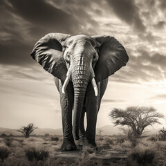 Majestic royal elephant against a stunning African sunset, captured in dramatic black-and-white