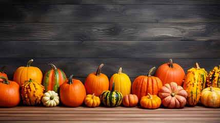Naklejka na ściany i meble copy space, A colorful display of pumpkins, pumpkins and leaves sitting in a row on wooden background. Autumn vegetables, invitation for Halloween, thanksgiving. Autumn decoration. 