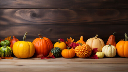 copy space, A colorful display of pumpkins, pumpkins and leaves sitting in a row on wooden background.
Autumn vegetables, invitation for Halloween, thanksgiving. Autumn decoration.
 - obrazy, fototapety, plakaty