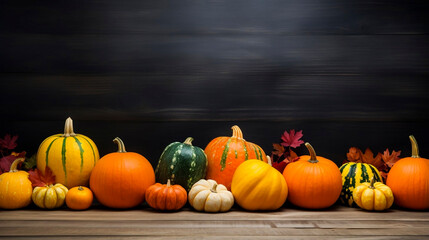 copy space, A colorful display of pumpkins, pumpkins and leaves sitting in a row on wooden background.
Autumn vegetables, invitation for Halloween, thanksgiving. Autumn decoration.
