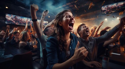 Sports fans watch a sporting event in a bar on a big screen. The exciting moment of the match is shown, the fans expressively root for their favorite team.