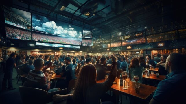 Sports fans watch a sporting event in a bar on a big screen. The exciting moment of the match is shown, the fans expressively root for their favorite team.