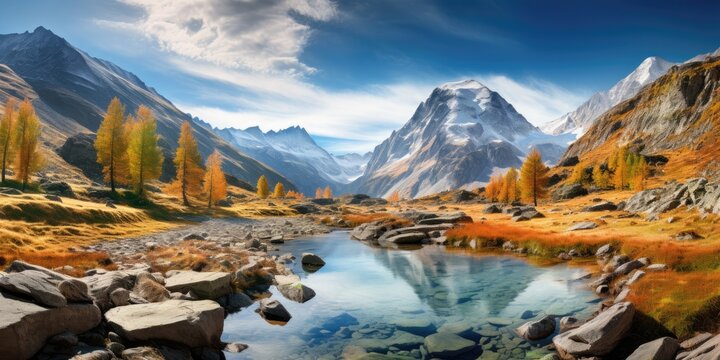 Scenery view on a beautiful mountain landscape. Generative AI