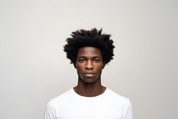 Young black afro american man in a white T-shirt on white background.