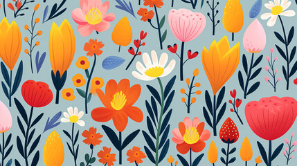 Fototapeta na wymiar nature textured colourful flowers seamless patter, vivid color background, flat minimalist vector illustrations 