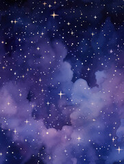 Ai Generated Art Colorful Watercolor Fantasy Stars Shining on a dark purple and blue background. Pastel colors