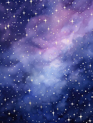 Ai Generated Art Colorful Watercolor Fantasy Stars Twinkling on a dark purple and blue background. Pastel colors