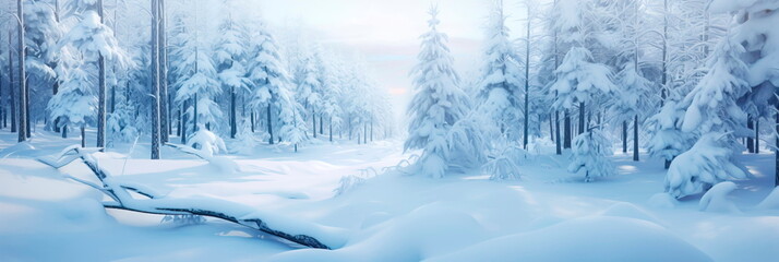 tranquil forest clearing blanketed in fresh snow, with a gentle, muted palette of winter colors.