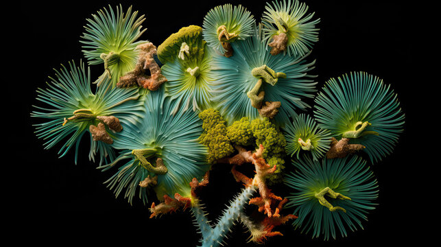 mutated green bacteria under a microscope on a black background, abstract organic form, AI