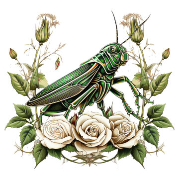 A vintage grasshopper t-shirt design reminiscent of old botanical encyclopedias, Generative Ai