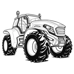 Outline drawing of futuristic tractor concept, tractor coloring page line art, tractor from side and front view. Vector doodle illustration, design for coloring book or print