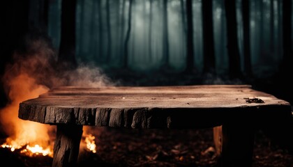 Old Wooden Table Top Podium Stand Platform on Fire Eerie Creepy Misty Dark Forest Haunted Woods Scenery Dim Light View Halloween Background Backdrop Mockup Banner Product  Showcase Display Business 